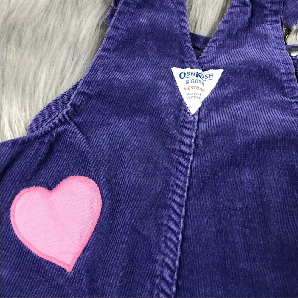 RARE Vintage Oshkosh Bgosh Purple Rainbow Heart Corduroy Girls Overalls
